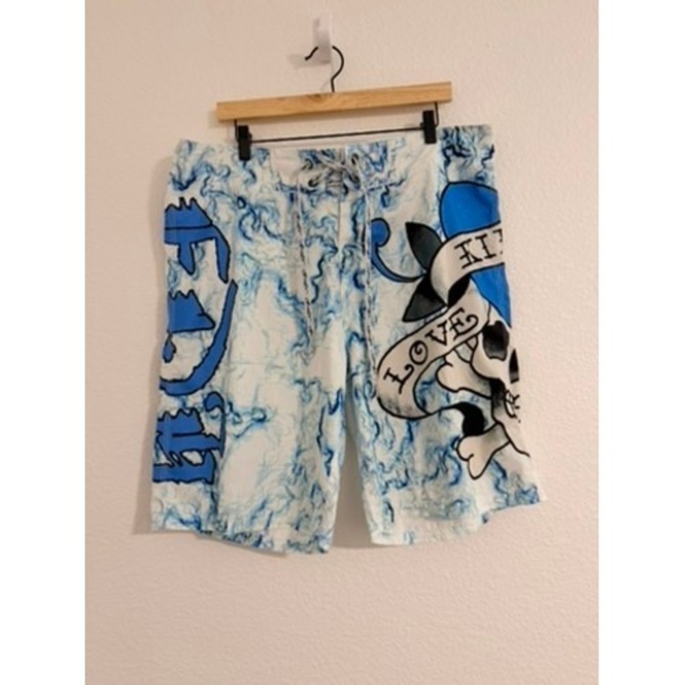 Ed Hardy Mens 36 BlueWhite Marble Love Kills Slowly Skull BoardShorts SwimTrunks